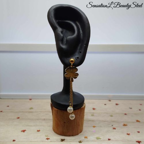 Boucles d'Oreilles Trèfle Doré et Perles