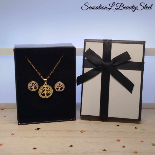 Parure Arbre de Vie Dorée – Les Deux Pièces : Collier & Boucles d'Oreilles