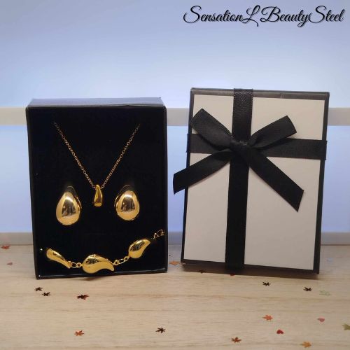 Parure Dorée Goutte d’Eau – Les Trois Pièces : Collier & Boucles d’Oreilles & Bracelet
