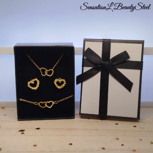Parure Cœurs Entrelacés – Les Trois Pièces : Collier, Boucles d’Oreilles & Bracelet